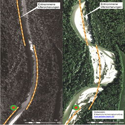 Bild Entwicklung der Isar bei Icking von 1999 bis 2009 durch Rückbau der Uferbefestigung