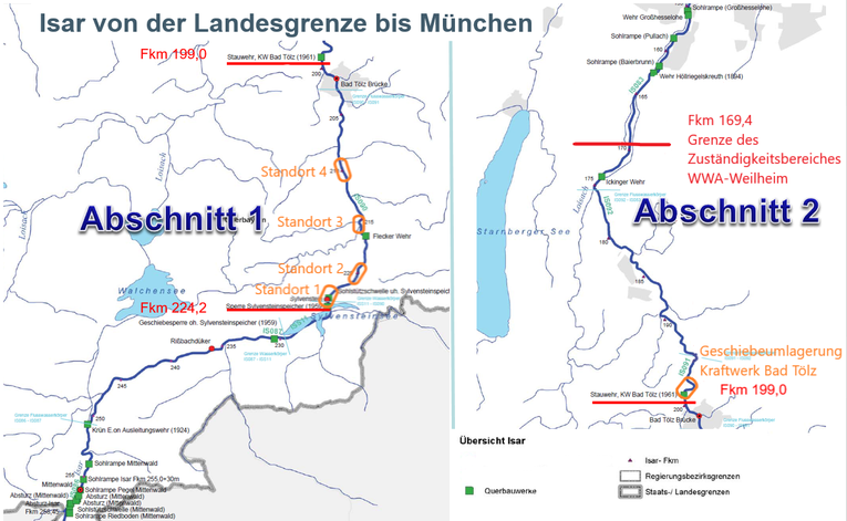 Bild Übersichtskarte von Sylvensteinspeicher bis Bad Tölz inklusive Standorte der Geschiebeeinbringungen