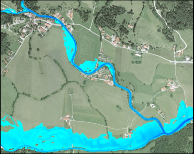 Überschwemmungsgebiet nach Ausführung der Hochwasserschutz-Massnahmen bei Bemessungsabfluss