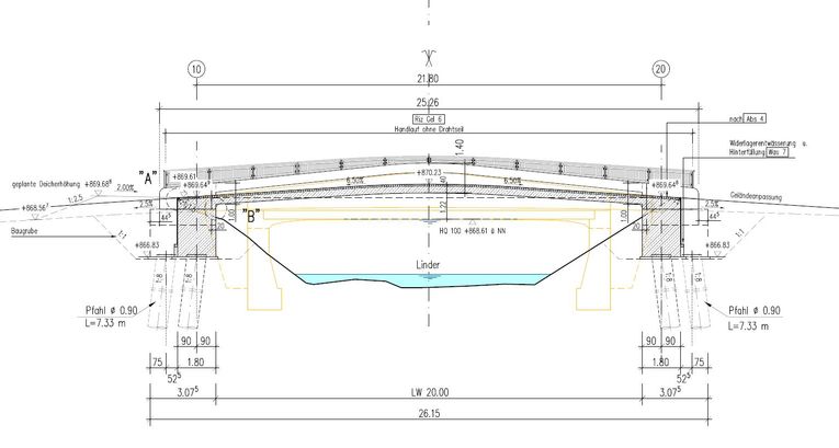 Linder - Konstruktion der neuen im Vergleich zu alten Brücke (gelb)