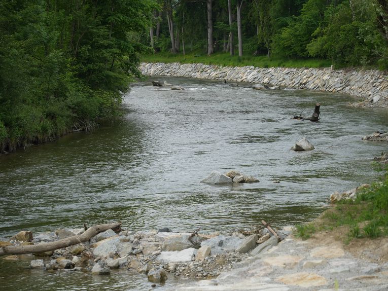 Bild von den Gewässerstrukturen flussaufwärts der neuen Fischaufstiegsanlage in der Ammer
