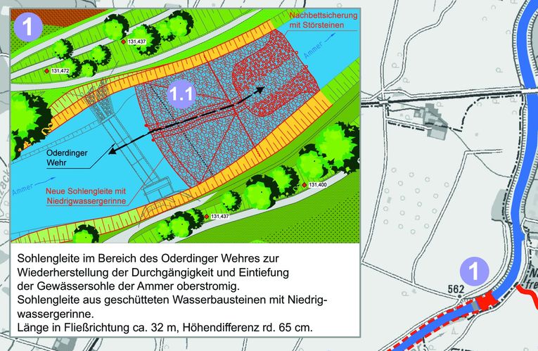 Bild Auflösung des Oderdinger Wehrs in der Ammer in 3 Sohlgleiten
