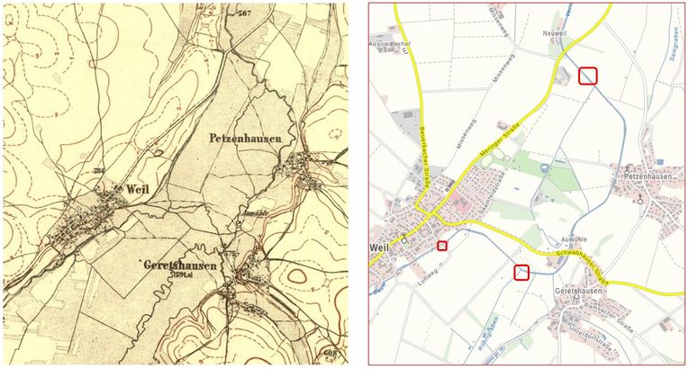 Verlauf des Verlorenen Baches auf den der Karten von 1930 und heute