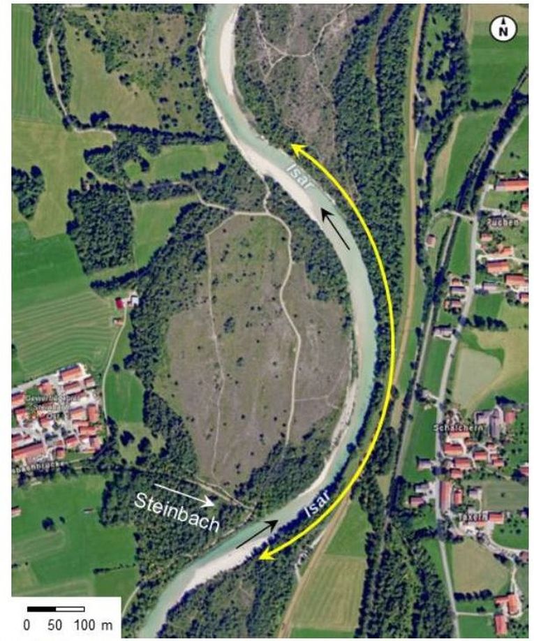 Projektgebiet zwischen Fkm, 206,2 und 206,8 (gelber Pfeil) mit der Steinbachmündung am südlichen Ende des Abschnittes