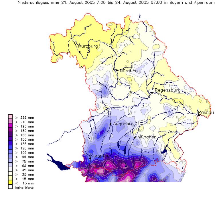 Bild der Niederschlagsverteilung des Augusthovchwasser 2005